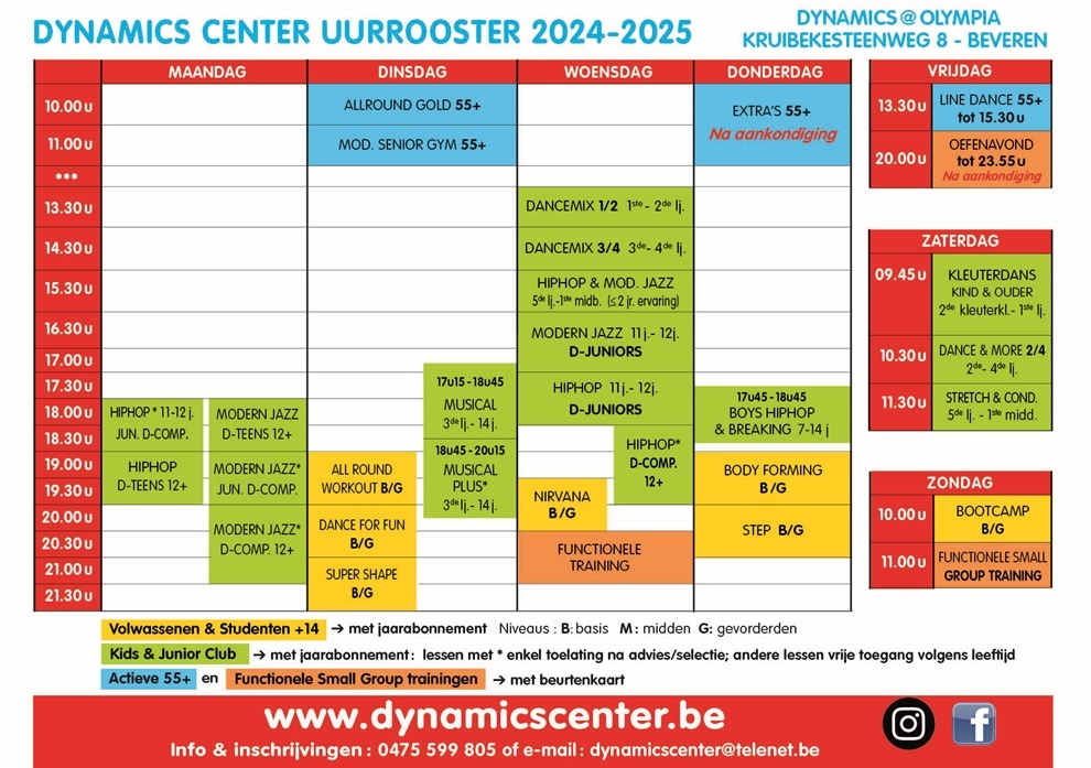 Voor uurrooster van Kids & juniors zie tabblad Kids & Junior Club.  Voor uurrooster Volwassenen en studenten +14j. zie tabblad Groepslessen volwassenen en Studenten +14j.